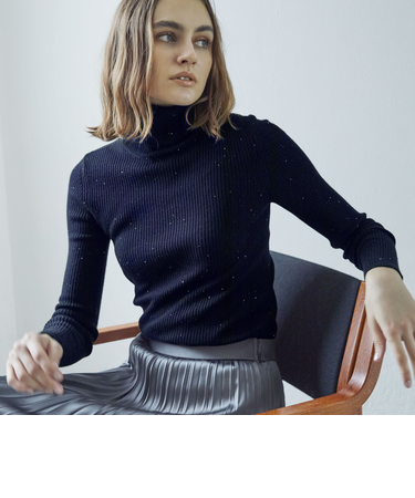 リブウールスパンコール タートルネックニット