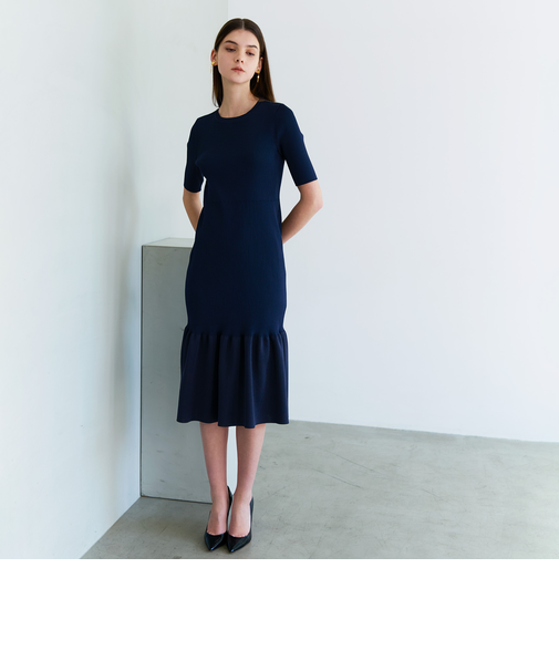 メタルライクヤーンニット ペプラムヘムドレス