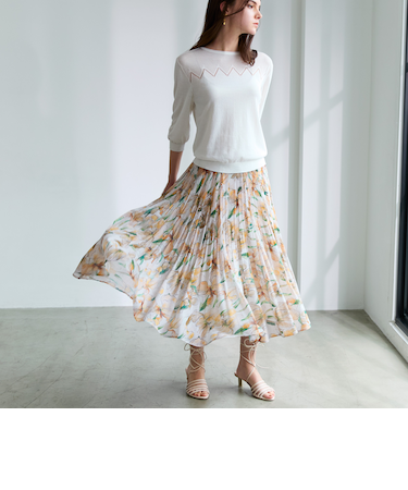 ウォーターカラーフラワープリント プリーツスカート