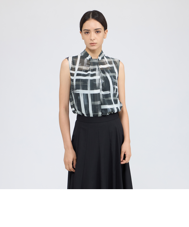 ジオメトリックプリント スタンドカラーブラウス