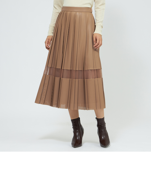 パンチングシンセティックレザー プリーツスカート