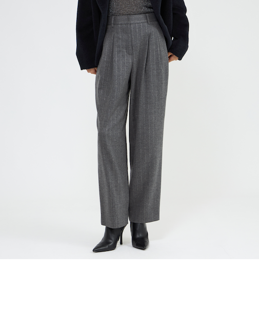 ウールラメストライプ タックワイドテーパードパンツ