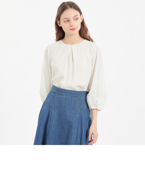 シアーチェックスリーブブラウス