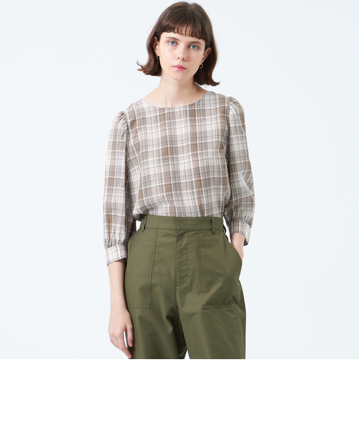 タータンチェックギャザースリーブブラウス