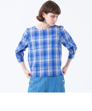 タータンチェックギャザースリーブブラウス