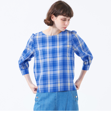タータンチェックギャザースリーブブラウス