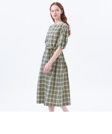 サッカーチェックパフスリーブワンピース