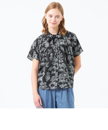 ドローイングフラワーボウタイブラウス