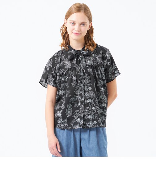 ドローイングフラワーボウタイブラウス