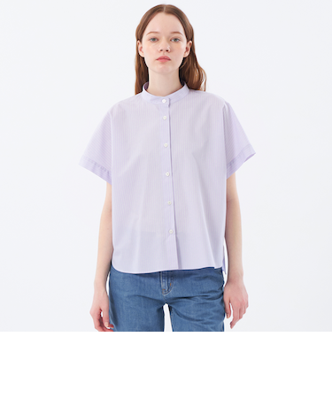 バンドカラーストライプハーフシャツ