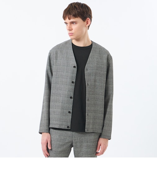 テーラードジャージー ノーカラーカーディガン 杢カラミストレッチ/チェック