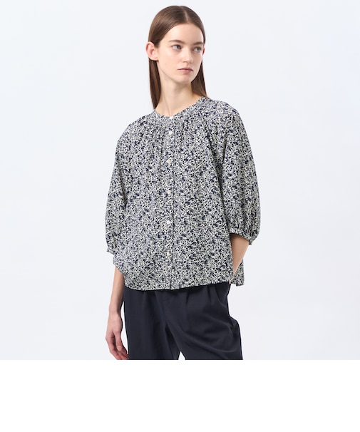 バイカラーフラワープリントブラウス