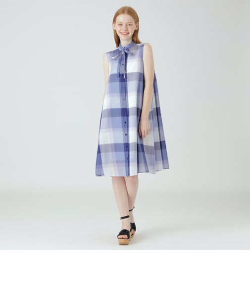 クレストブリッジチェックエレガントシアーボイルノースリーブシャツドレス