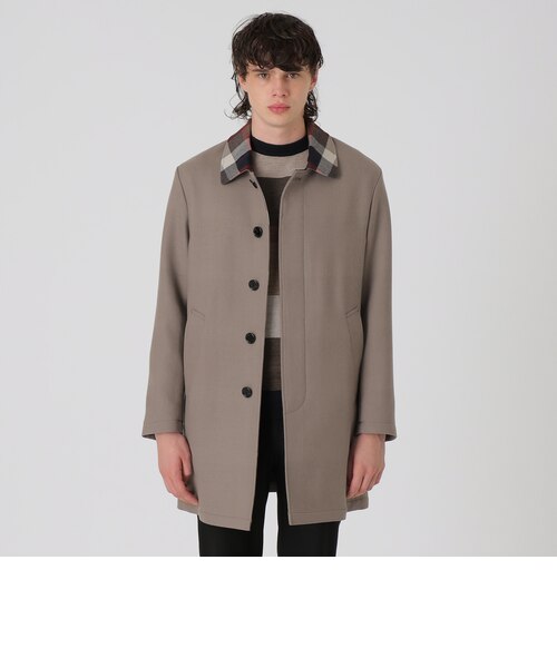 ダブルフェイスクレストブリッジチェックステンカラーコート｜ブルー