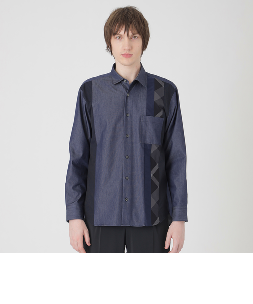 デニムライクストライプパッチワークシャツ