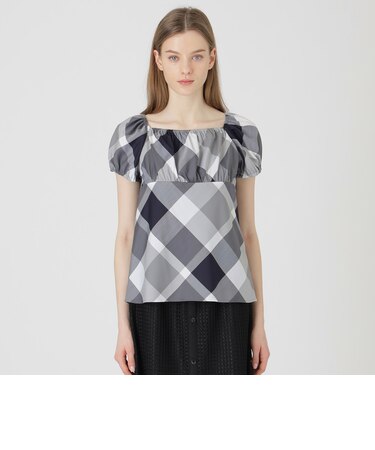 クレストブリッジチェックライトクロッシングツイルスクエアネックブラウス