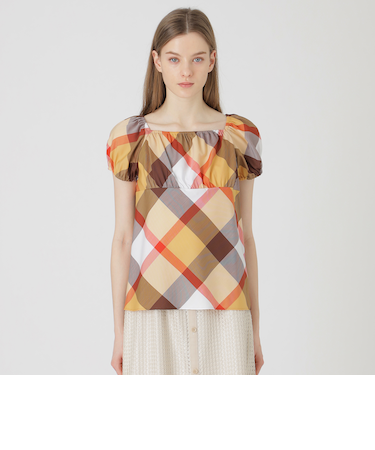 クレストブリッジチェックライトクロッシングツイルスクエアネックブラウス