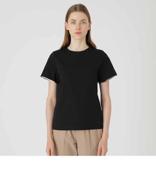 ピマコットンプレーティング天竺袖口チェックTシャツ