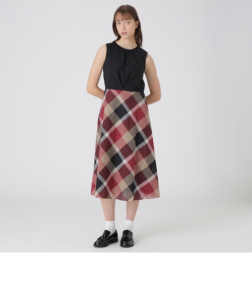 クレストブリッジチェックシアーボイルニットコンビドレス｜ブルー