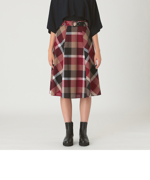 クレストブリッジチェックウールポリエステルフレアスカート