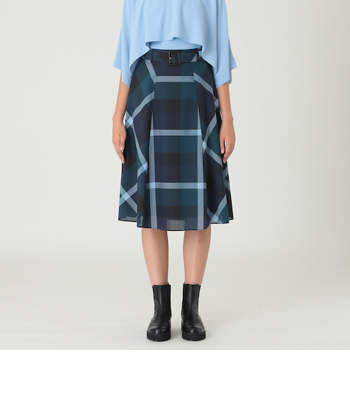 クレストブリッジチェックウールポリエステルフレアスカート