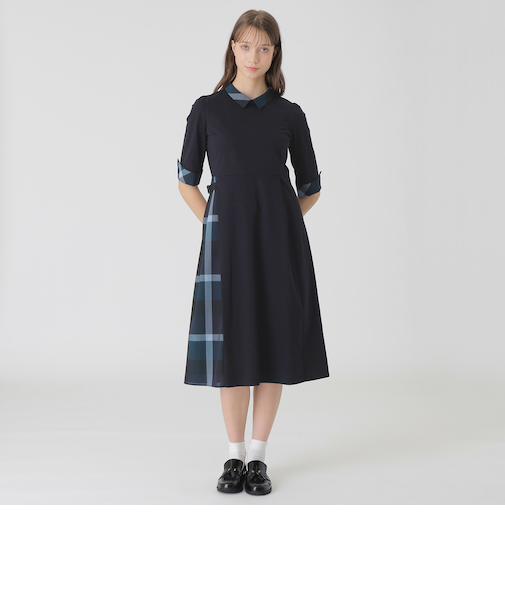 ピマコットンプレーティング天竺パーシャルチェックドレス