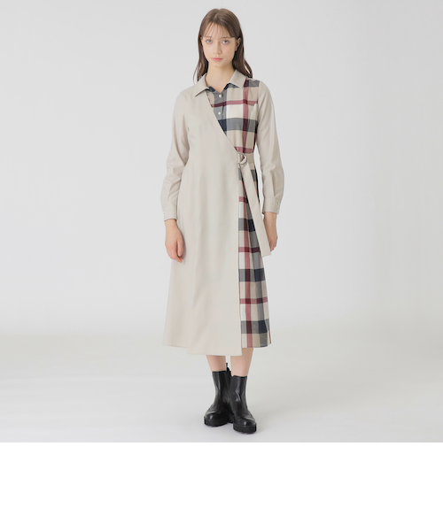 クレストブリッジチェックプラスティーヘリンボーンドレス｜ブルー