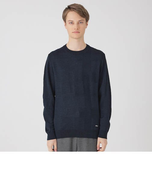 シャドーチェッククルーネックニット