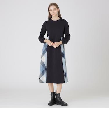 ウールミックスポンチパーシャルチェックドレス