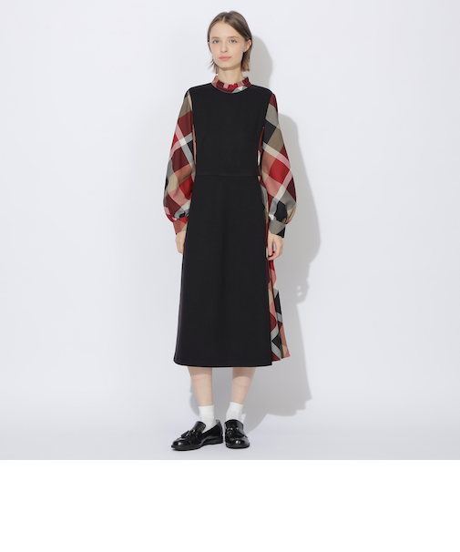 【WEB限定】ウールミックスストレッチポンチパーシャルチェックドレス