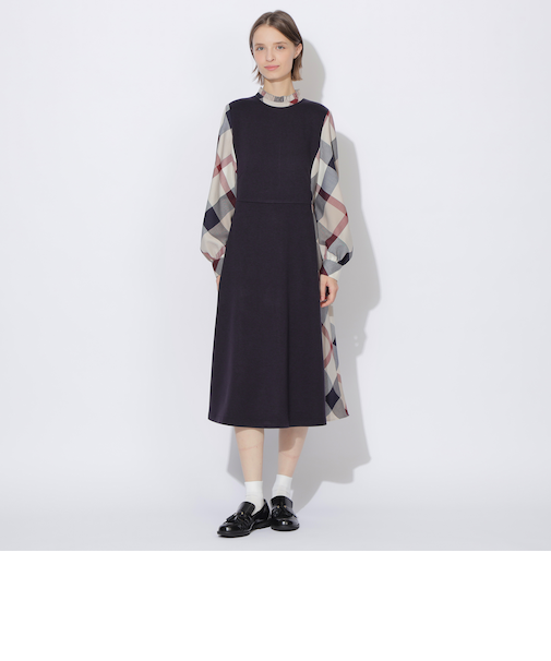 【WEB限定】ウールミックスストレッチポンチパーシャルチェックドレス