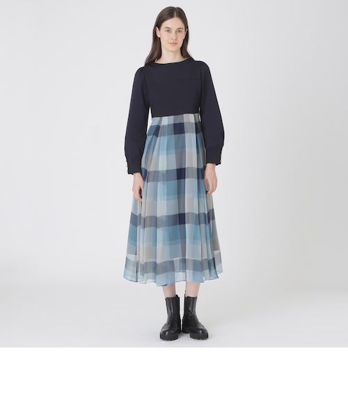 新品☆ブルーレーベルクレストブリッジ☆サイドレースアップ☆マキシ丈ワンピース フロントポケットパーシャルチェックドレス（55J40611＿＿