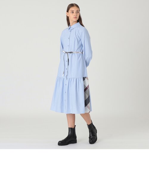 一部店舗限定】コットンライクナチュラルローンシャツドレス｜ブルー