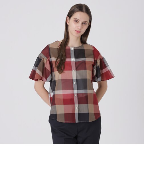 クレストブリッジチェックシアーボイルフリルスリーブブラウス