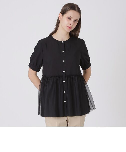 コットンライクナチュラルローンペプラムブラウス