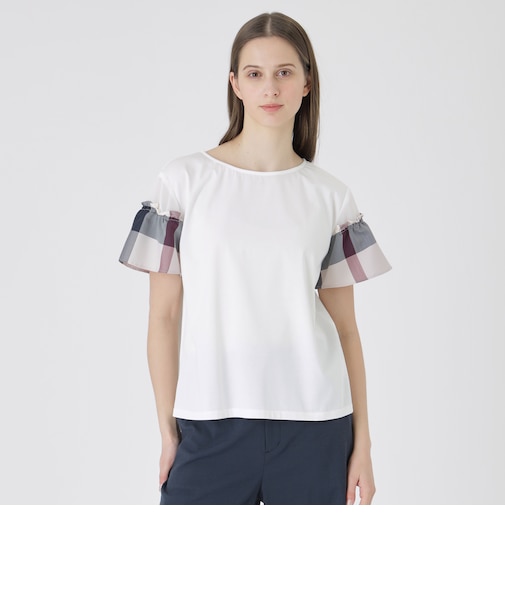 【接触冷感】プレーティング天竺チェックスリーブTシャツ