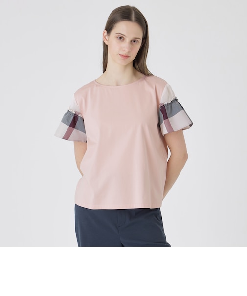 【接触冷感】プレーティング天竺チェックスリーブTシャツ