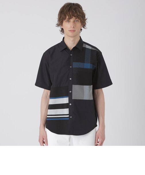 パネルチェックハイブリッドハーフスリーブシャツ