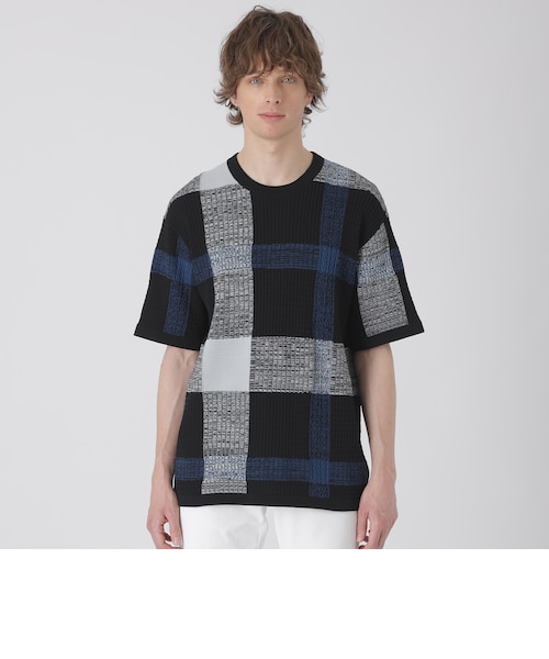テクスチャーミックスクレストブリッジチェックニットTシャツ｜ブルー