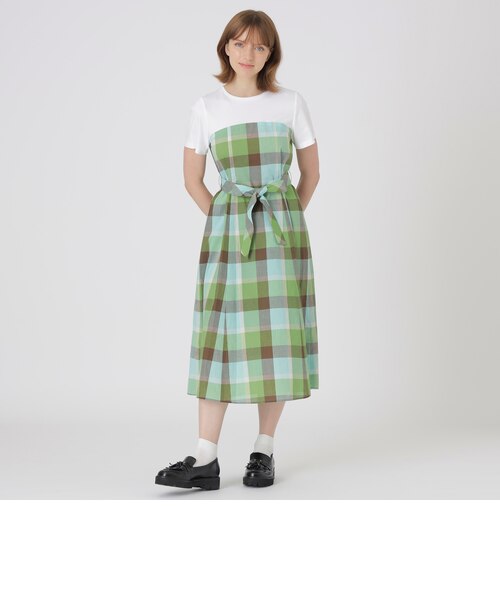 一部店舗限定】CBチェックコットンリネンドッキングドレス｜ブルー