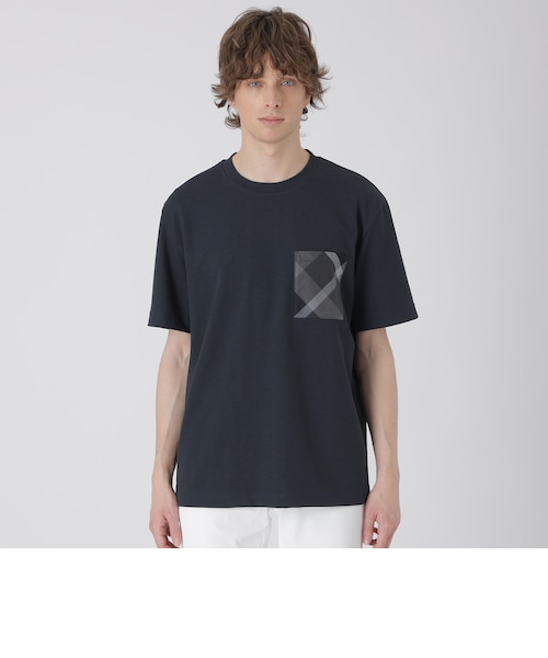 一部店舗限定】クレストブリッジチェックポケットTシャツ｜ブルー