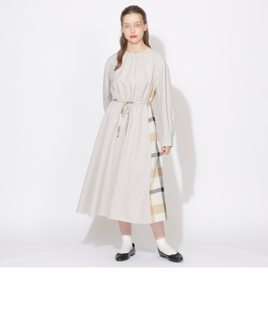 サイドチェック切替ラウンドネックワンピース
