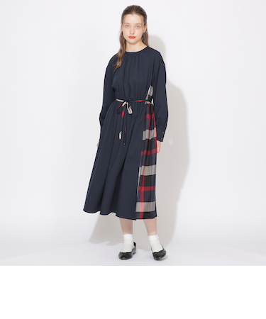 サイドチェック切替ラウンドネックワンピース