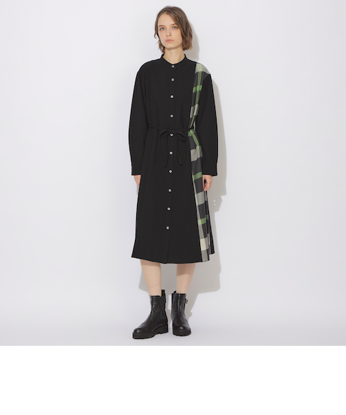 サイドチェック切替ラウンドネックワンピ-ス