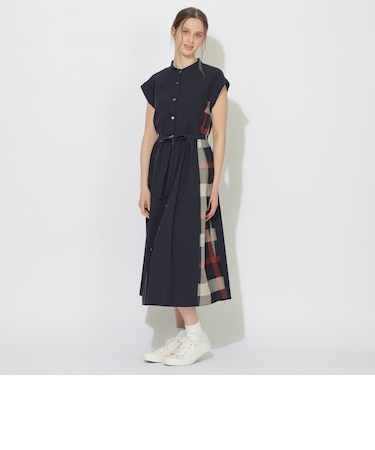 パーシャルチェックフレンチスリーブワンピース