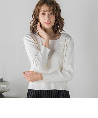 保湿性能を備えたシアバター加工 ショルダーリボンニット ≪手洗い可能≫