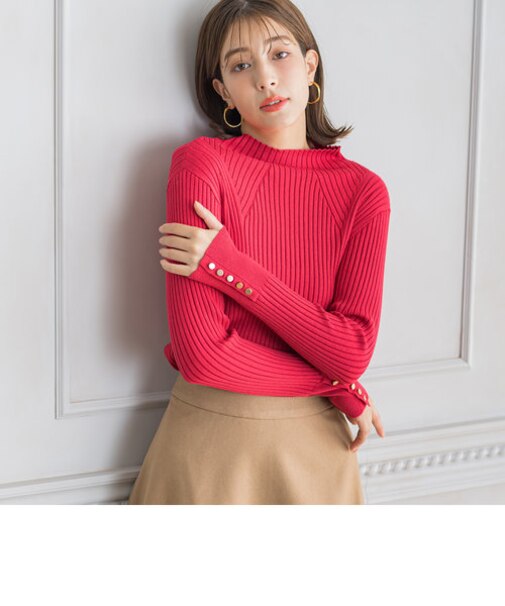 吸湿発熱 袖ボタンモックネックプルオーバー ≪手洗い可能≫