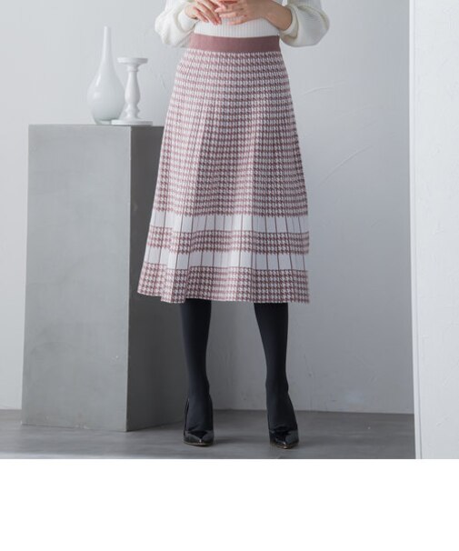【低身長向けプチサイズ展開あり】千鳥柄プリーツニットスカート ≪手洗い可能≫