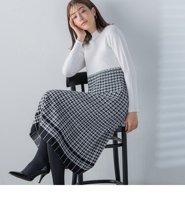 千鳥柄プリーツニットワンピース ≪手洗い可能≫