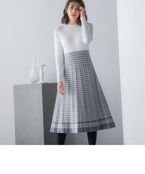 千鳥柄プリーツニットワンピース ≪手洗い可能≫